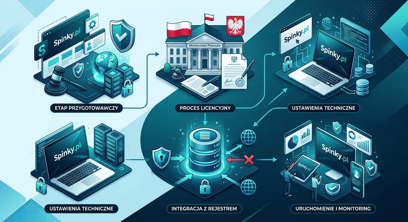 Schemat procesu uruchamiania legalnego kasyna online Spinky.pl w Polsce, pokazujący integrację z rejestrem zabronionych domen.